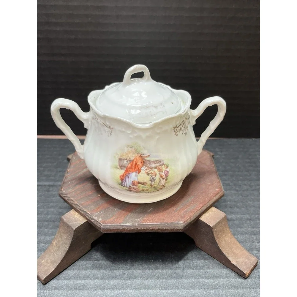 Sugar Bowl Lid Porcelain Vtg Old Women in the Shoe Cottagecore Farm Shabby Chic - Picture 1 of 14